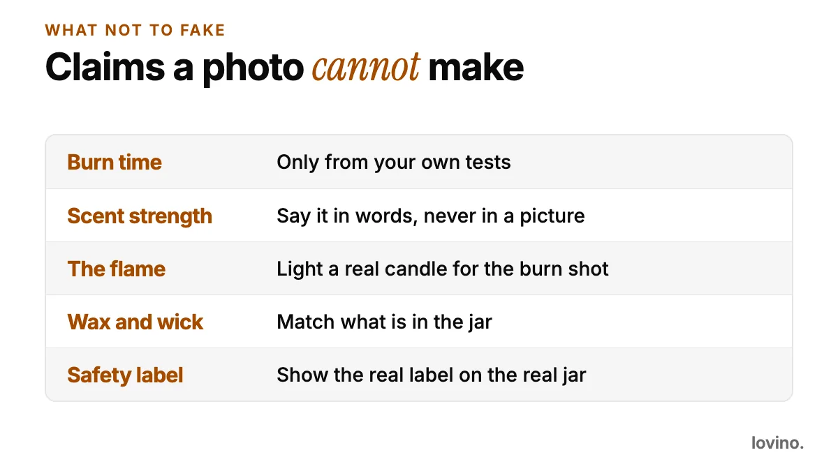 Five claims a photo cannot make: burn time, scent strength, the flame, wax and wick, and the safety label.