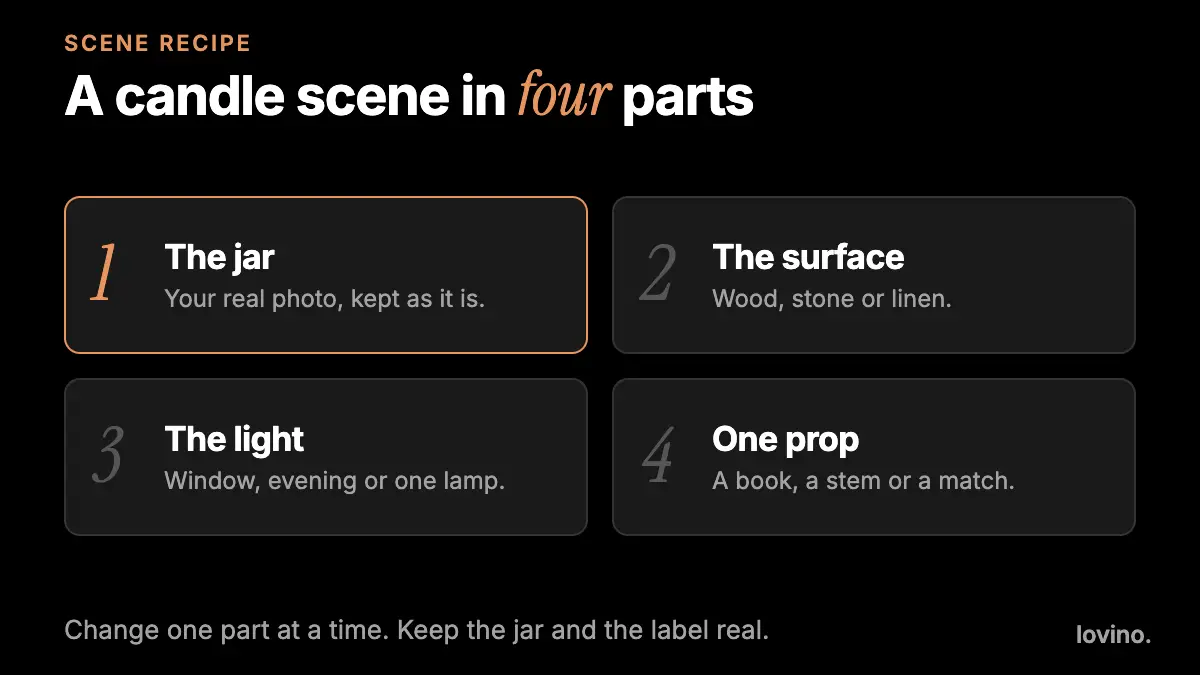 A candle scene in four parts: the jar kept as your real photo, then the surface, the light and one prop.