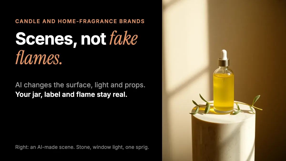 AI product photos for candle brands: a card reading Scenes, not fake flames beside an AI-made scene of a glass bottle on a stone pedestal in warm window light