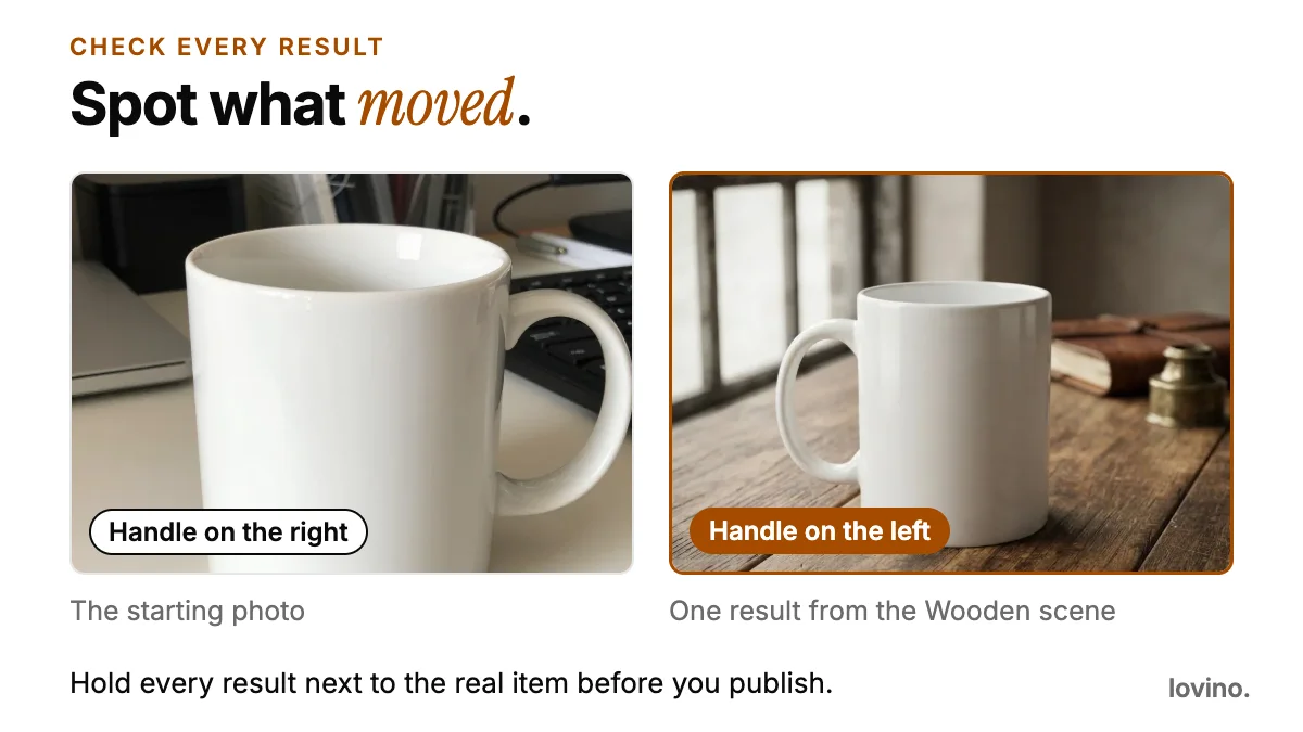 Two mug photos side by side: the starting photo with the handle on the right, and one styled result with the handle on the left.