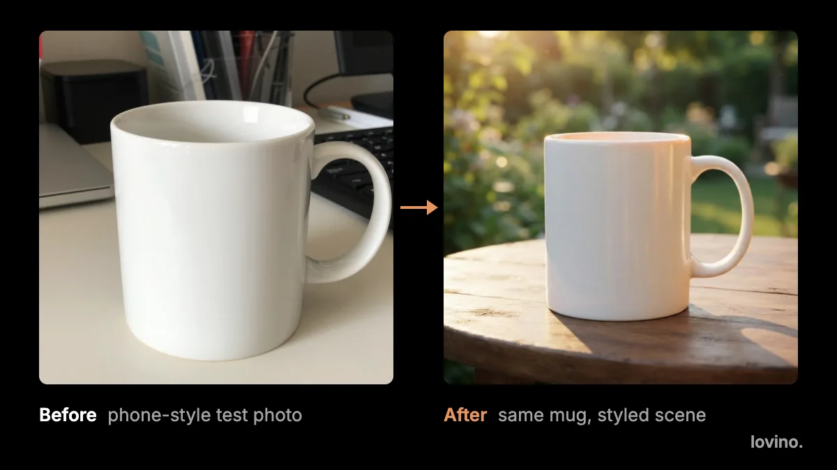AI product photos for Etsy sellers: a plain mug on a cluttered desk beside the same mug on a garden table in golden light