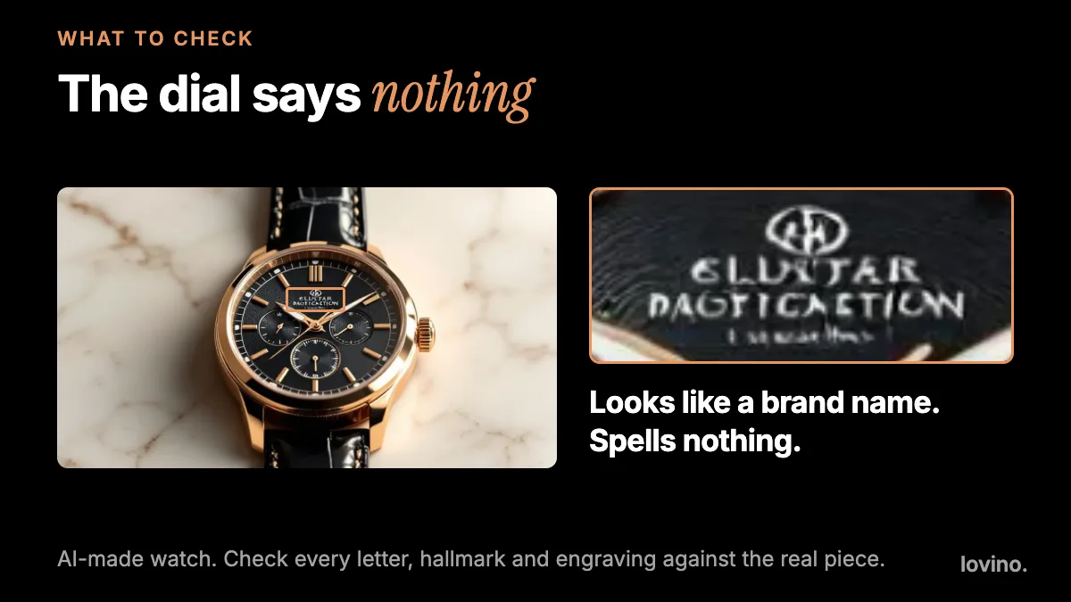A close-up of an AI-made gold watch dial where the lettering looks like a brand name but spells nothing