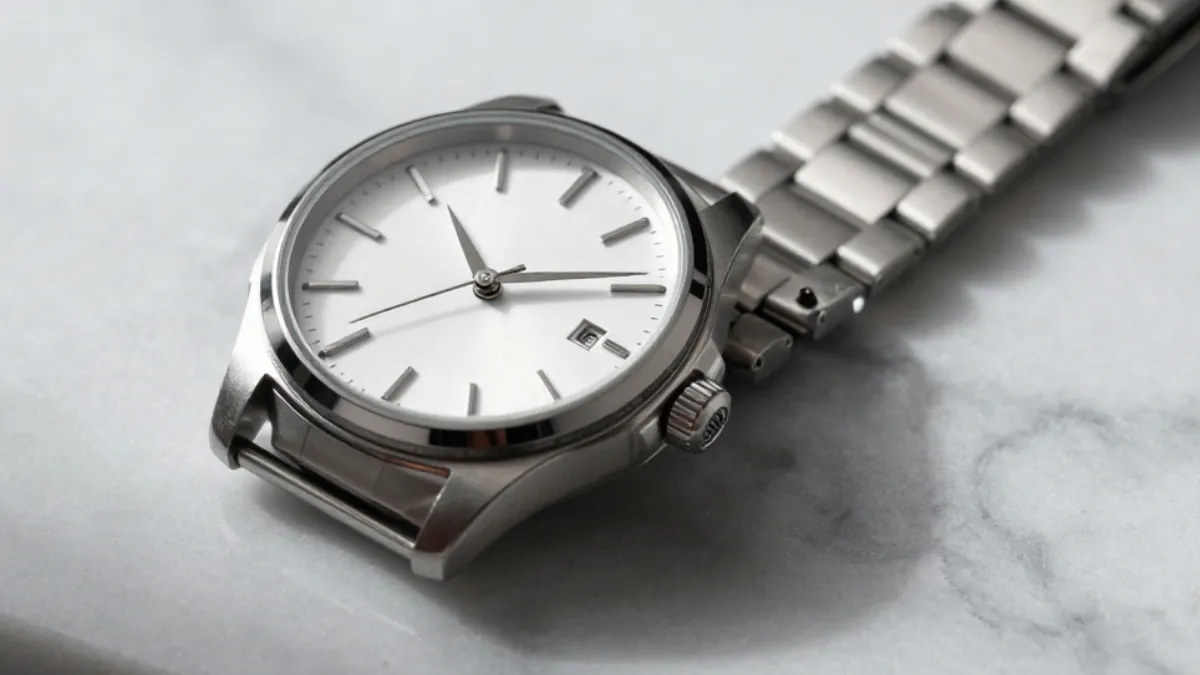 AI product photos for jewelry brands: an AI-made steel watch with a plain white dial on white marble, a concept shot and not a photo of a real product