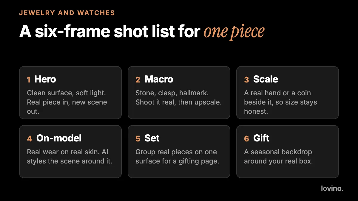 A six-frame shot list for one jewelry piece: hero, macro, scale, on-model, set and gift