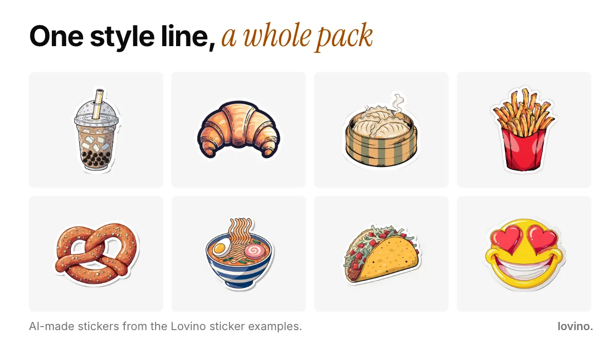 Eight AI-made stickers in one style: boba tea, croissant, dumplings, fries, pretzel, ramen, taco and a heart-eyes smiley