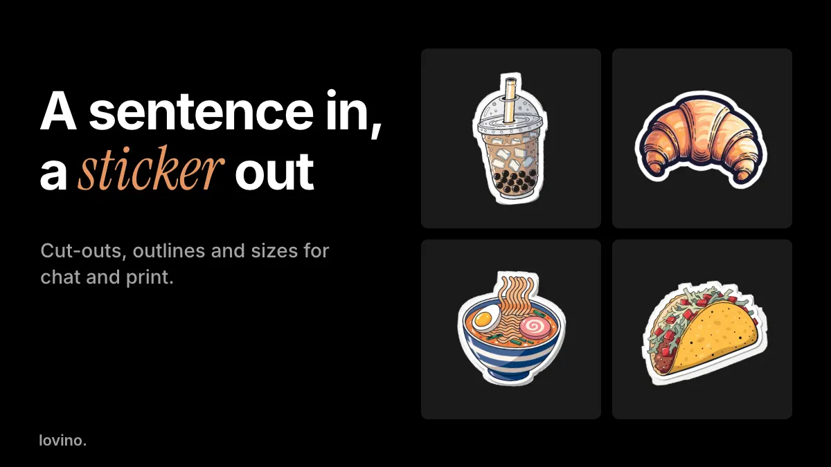 AI stickers ready for chat apps: a boba tea, a croissant, a bowl of ramen and a taco as die-cut stickers