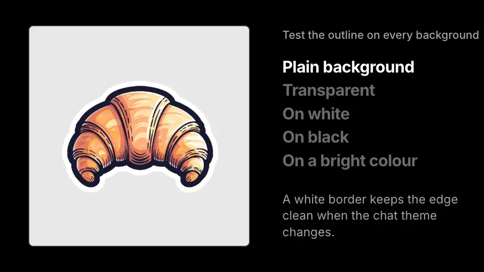 Animation of one croissant sticker on a plain, transparent, white, black and bright blue background to test the white outline