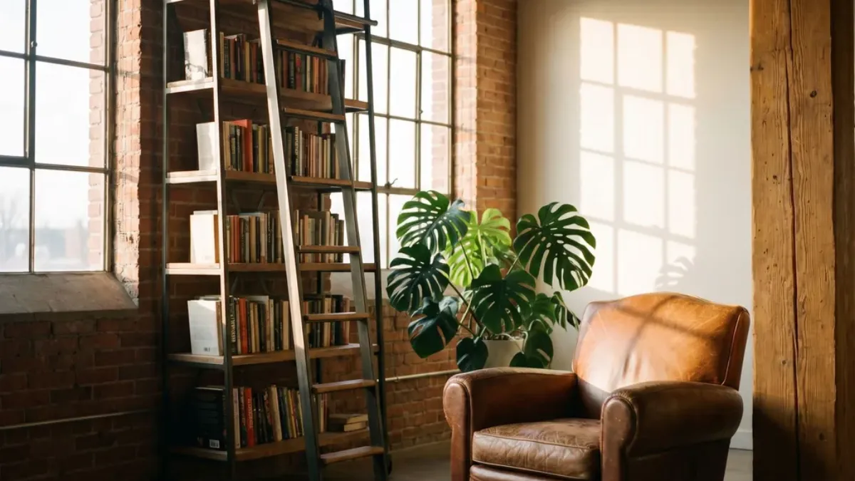 AI visuals for interior designers: an AI-made loft reading corner with a leather armchair, a monstera and a ladder bookshelf in warm window light