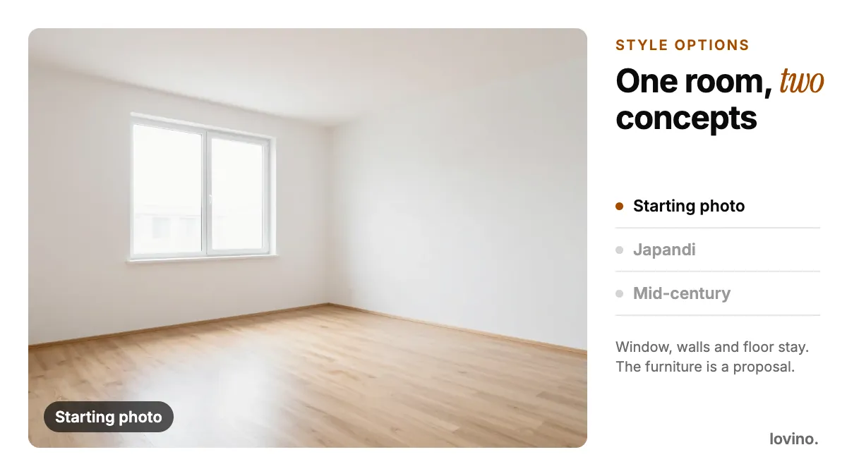 Animated style options: one AI-made empty room fades into a Japandi concept and then a mid-century concept, while the window, walls and floor stay unchanged.
