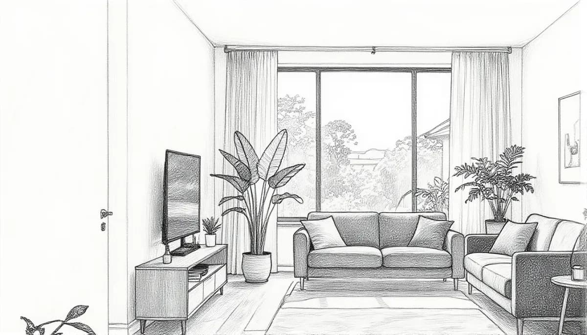 A graphite pencil drawing of a living room with a sofa, plants and a large window, redrawn from a photo as an early concept sketch.