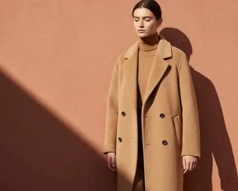 A looping AI-made fashion shot of a model in a camel coat against a sunlit terracotta wall with a hard diagonal shadow, an autumn photo idea built on a rust and camel palette.