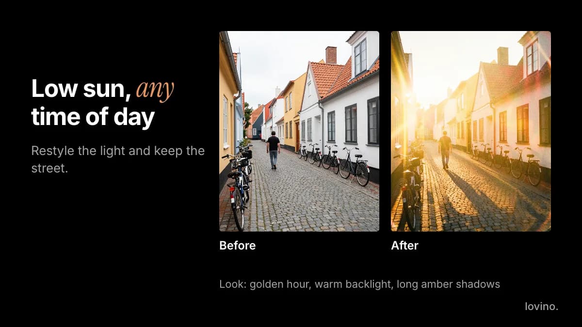 Autumn photo ideas golden-hour look: a cobblestone street before and after a warm low-sun restyle
