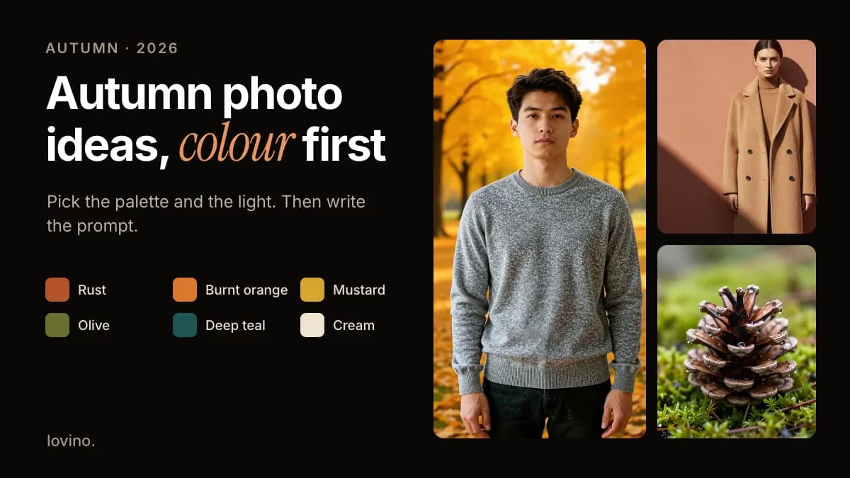 Autumn photo ideas with AI: AI-made photos of a man in a golden autumn park, a camel coat against a terracotta wall and a pine cone on moss, beside six palette swatches