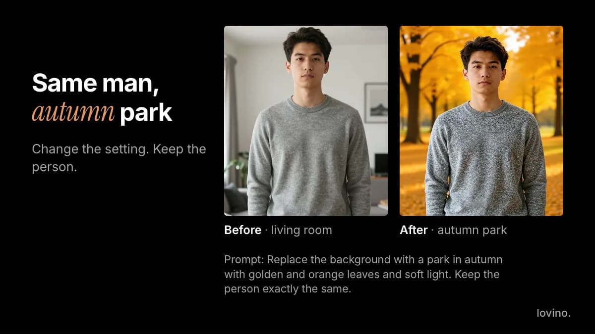 Autumn photo ideas background swap: an AI-made man in a grey sweater, before in a living room and after in a park of golden autumn leaves