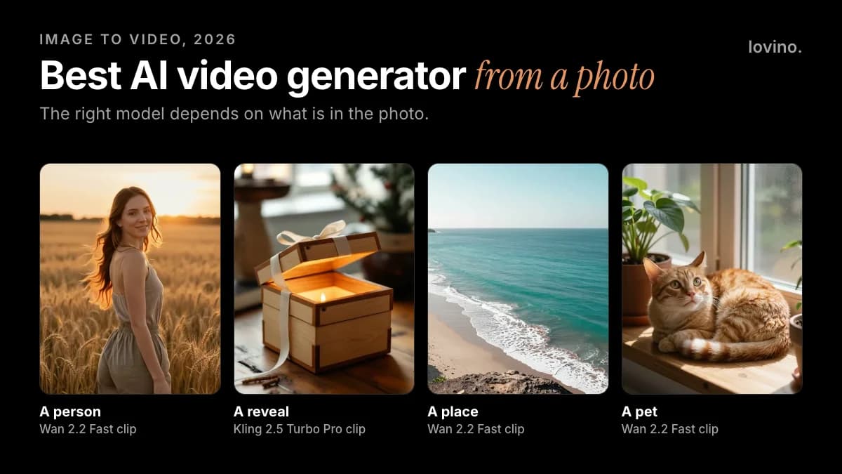 Which AI video model for a photo: frames from four real Lovino clips of a person, a gift box reveal, a beach cove and a cat