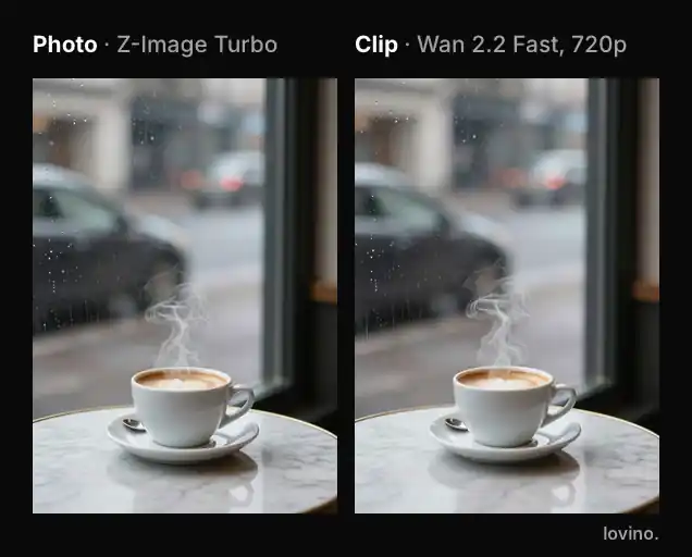 A rainy cafe photo of a coffee cup on the left and the 5 second clip made from it with Wan 2.2 Fast on the right, where a hand reaches in and lifts the cup away