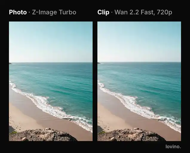 A turquoise cove photo on the left and the 5 second clip Wan 2.2 Fast made from it on the right, with waves rolling onto the sand