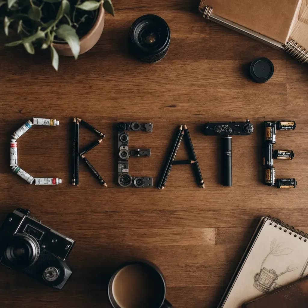 Desk flat-lay with pencils, paint tubes and camera parts spelling the word CREATE, generated with GPT Image 2