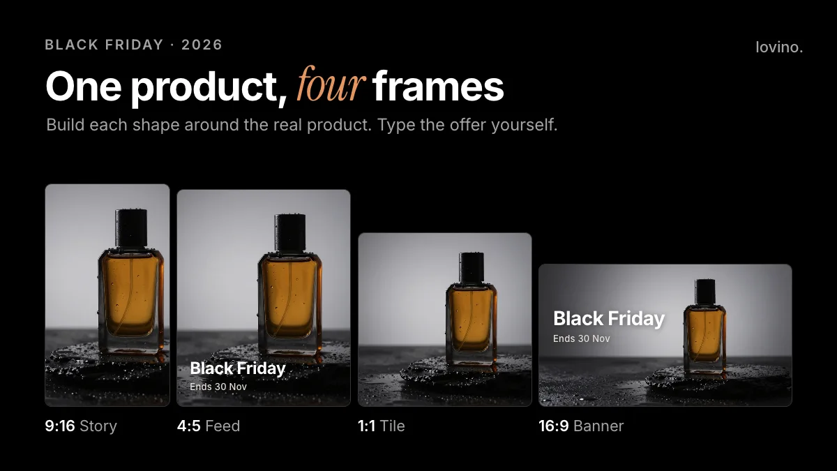 Black Friday product visuals: one AI-made perfume bottle shown in four frames, a 9:16 story, 4:5 feed post, 1:1 tile and 16:9 banner