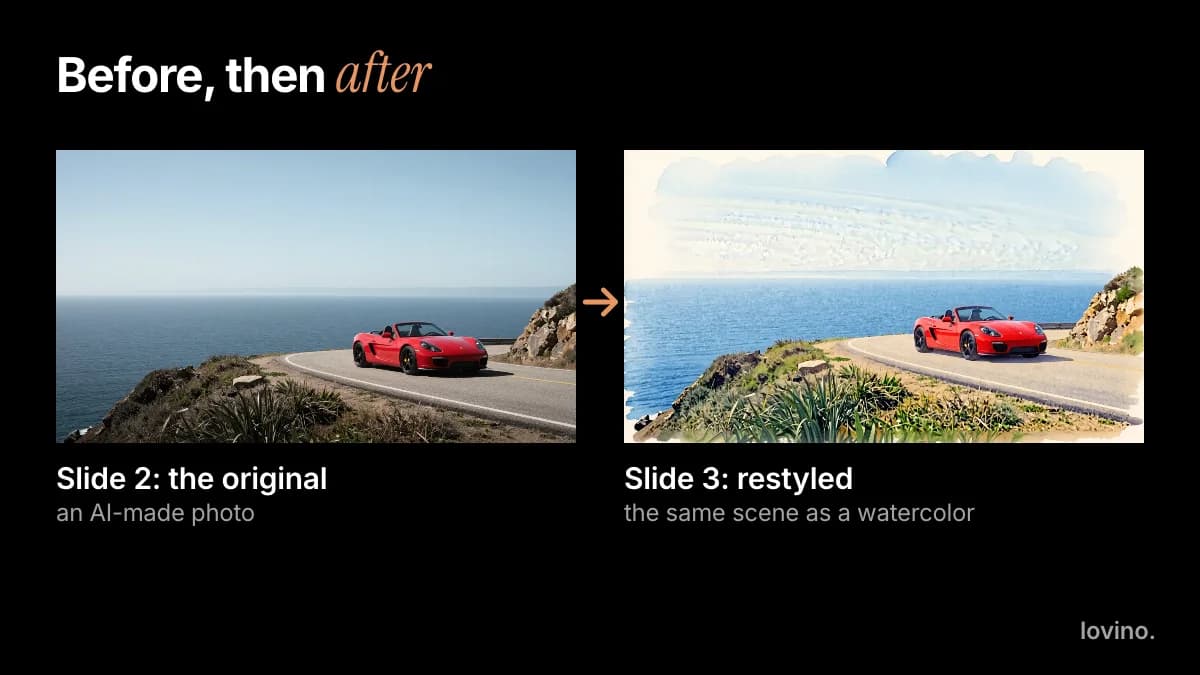 An AI-made coastal road photo beside the same scene restyled as a watercolor, labelled as slide 2 and slide 3