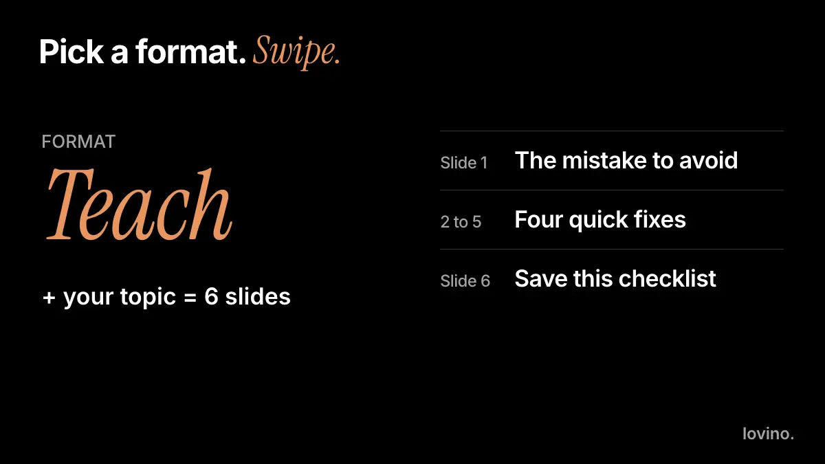 A carousel idea formula: the format word changes from Teach to Show, Prove, Sell and Connect, with a three-line slide outline beside each one