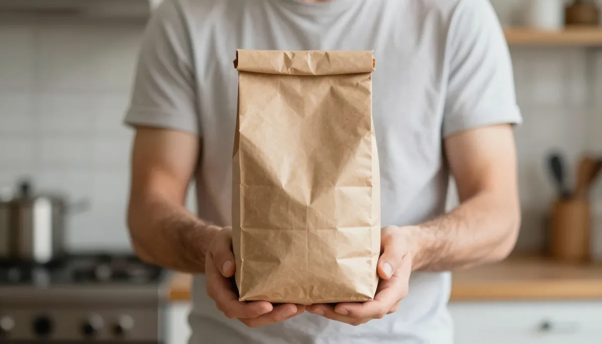 An AI-made image of hands holding a kraft paper coffee bag in a bright kitchen, a product-in-use slide for a small shop
