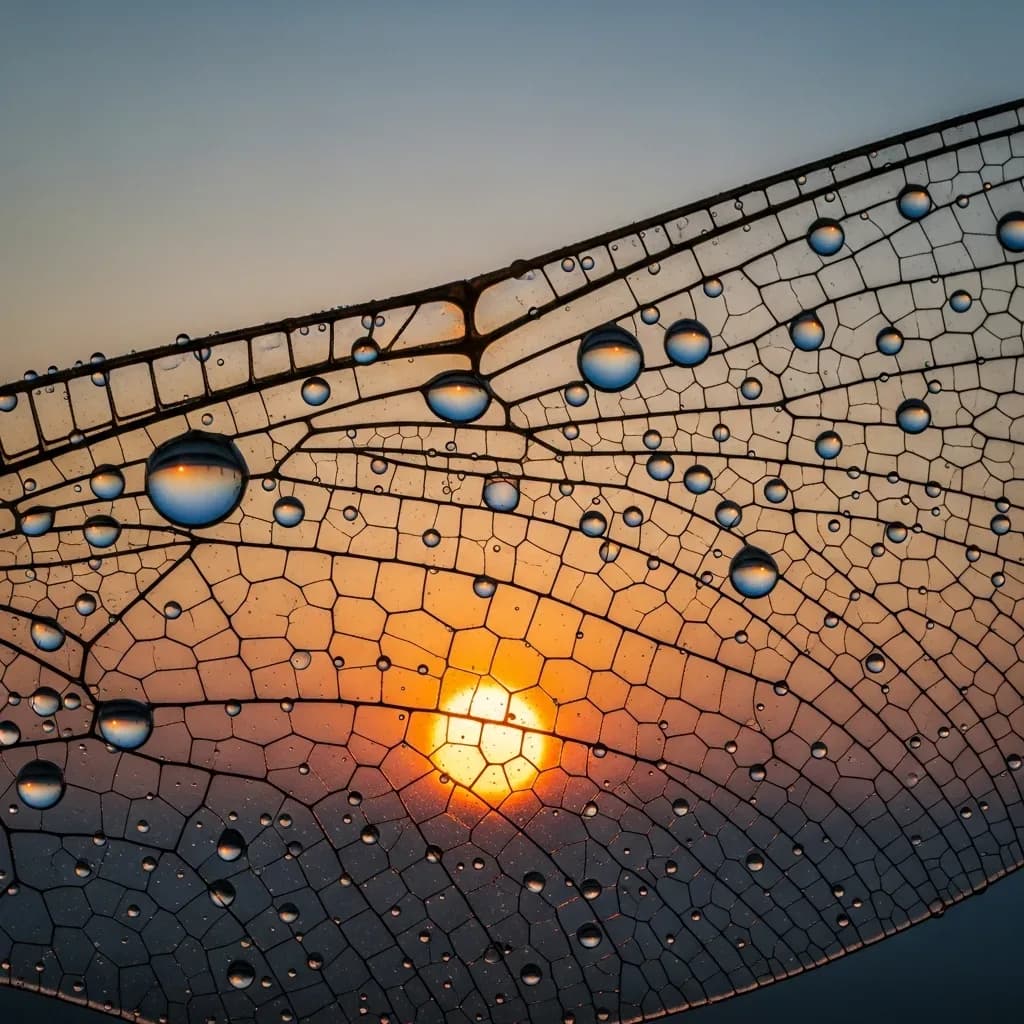 Extreme macro of a dragonfly wing with dew drops refracting a sunrise, generated with Imagen 4 (3 credits)