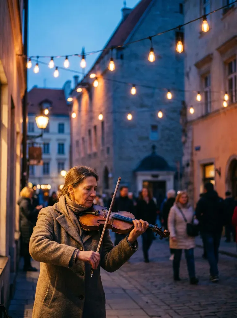 A street violinist under warm string lights in an old-town square at blue hour, generated with Nano Banana Pro