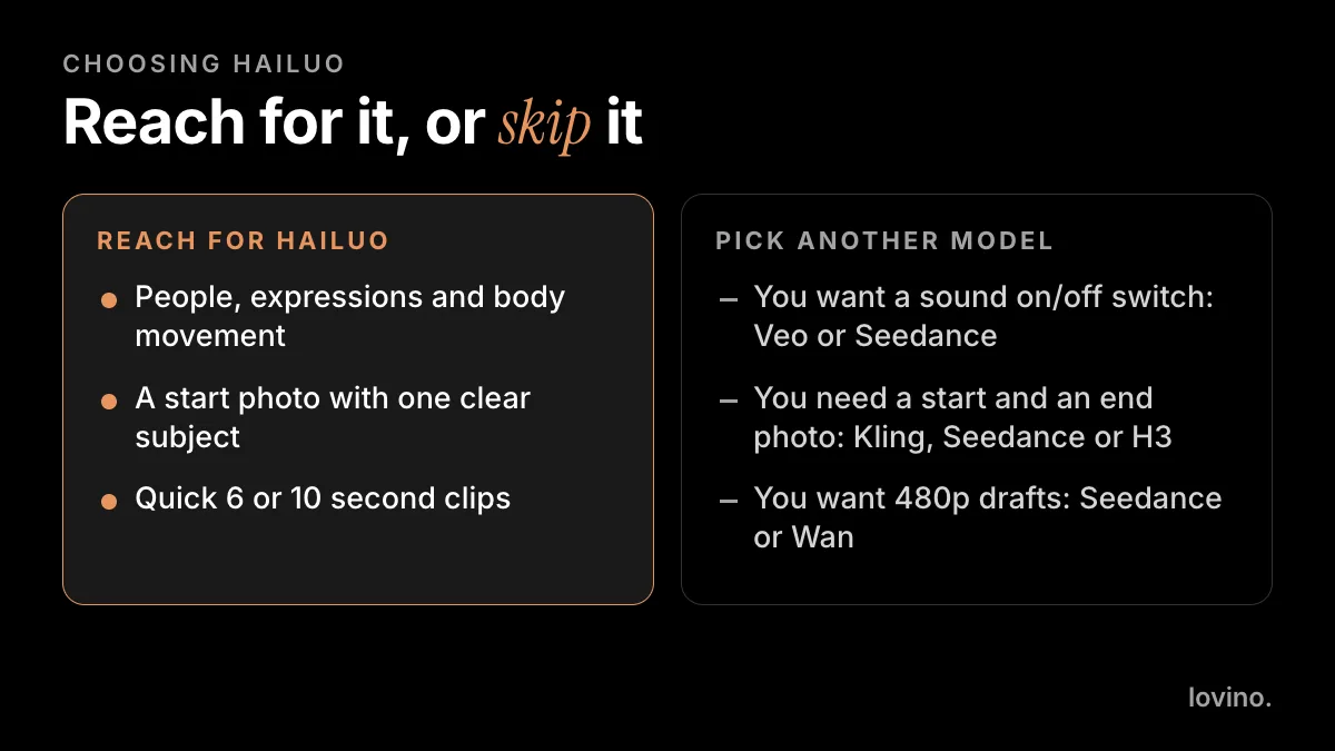 When to use Hailuo AI and when to pick another video model: people and short clips versus a sound switch, end photos and cheap 480p drafts