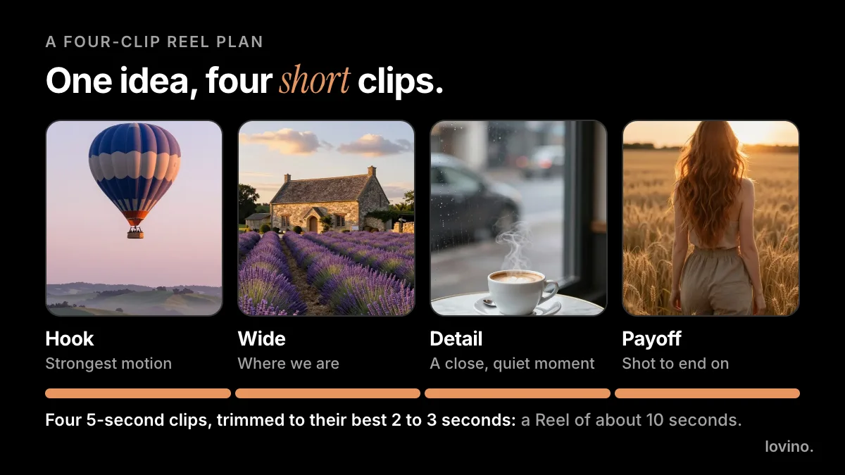 A four-clip Reel plan with a hook clip, a wide shot, a detail clip and a payoff, each made from one AI-animated photo