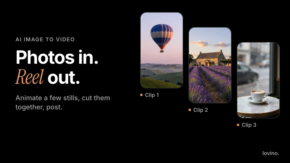 Three AI-made vertical photos lined up as clips, the first step to make a Reel from photos with AI image to video