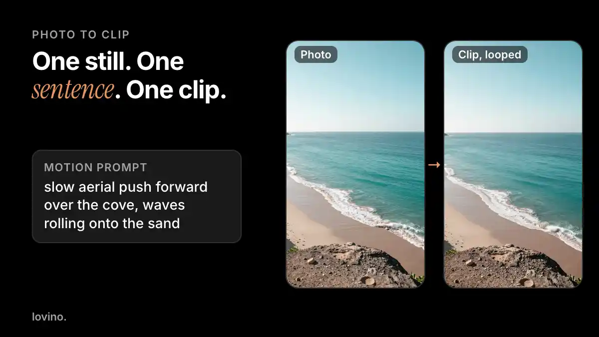 Photo to clip example: an AI-made turquoise cove photo beside the 5-second Wan 2.2 Fast clip made from it with the prompt "slow aerial push forward over the cove, waves rolling onto the sand"