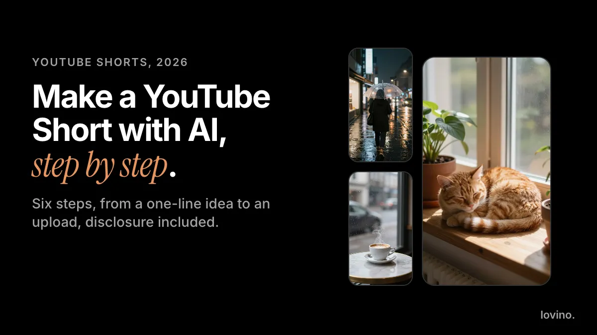 Make a YouTube Short with AI: three AI-made vertical scenes, a rainy street, a coffee cup and a sleeping cat, beside the six-step title