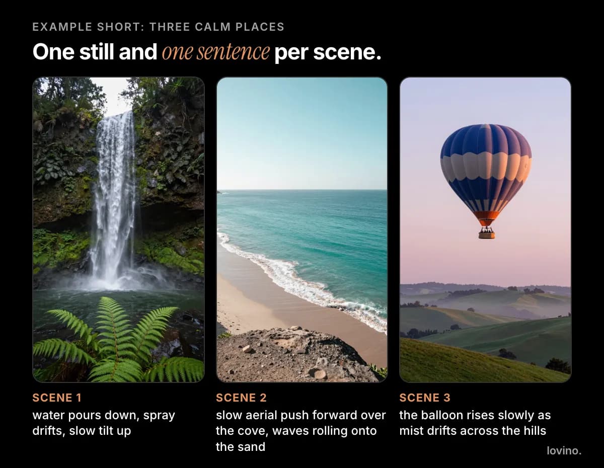 Storyboard for a three-scene YouTube Short made with AI: a waterfall, a turquoise cove and a hot air balloon, each with the one-sentence motion prompt used for its clip