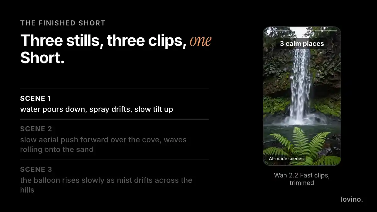 A finished YouTube Short made with AI, playing in a phone frame: a waterfall, a turquoise cove and a hot air balloon, each a short clip animated from one AI-made still, with its motion prompt highlighted beside it