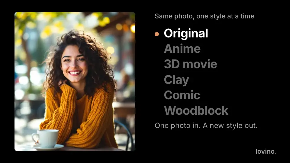 AI avatar styles cycling on one portrait: original, anime, 3D movie, clay, comic and woodblock