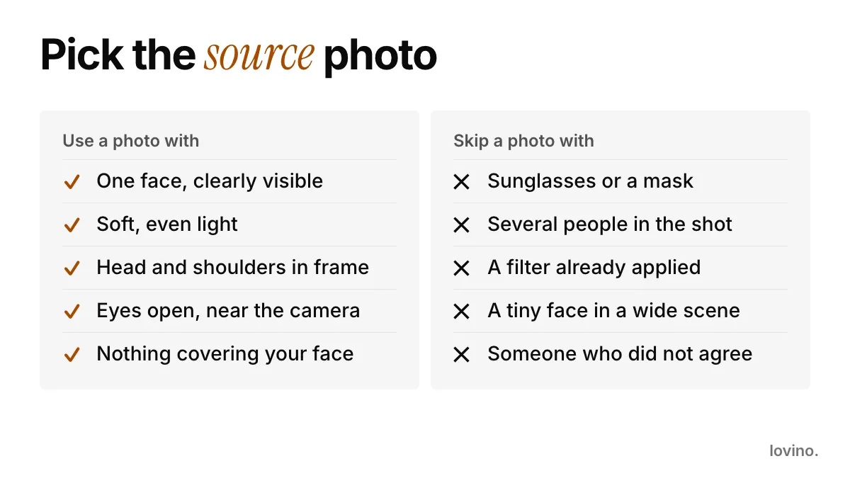 Checklist for choosing the best selfie for an AI avatar: use one clear face in soft light, skip sunglasses, groups and filters