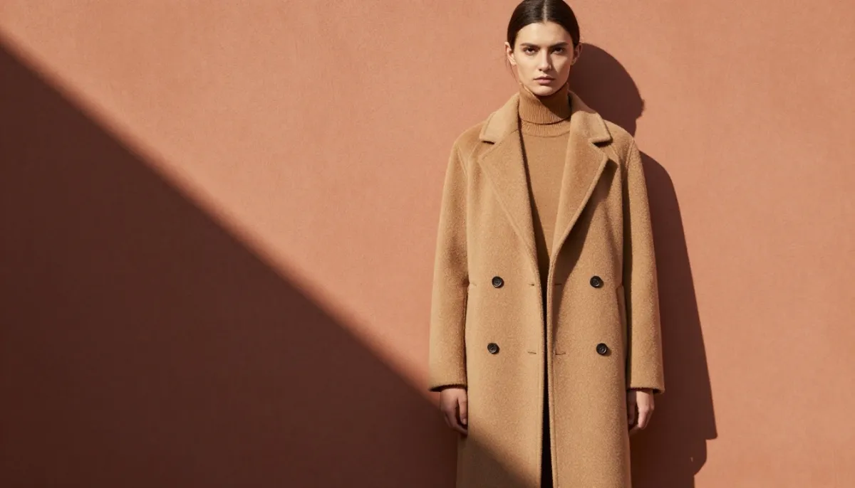 An AI-made image of a woman in a camel coat against a terracotta wall, with plain space on the left that leaves room for a headline on a hook slide