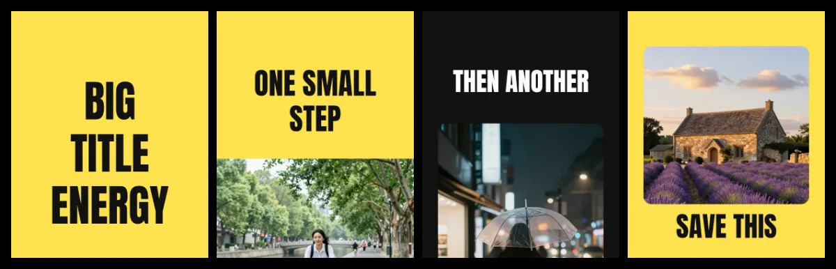 Four slides in a row, each a 4:5 portrait, with a yellow title slide, a canal scene, a rainy umbrella photo and a lavender-house save slide