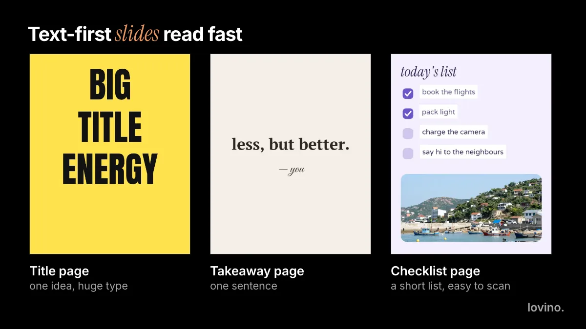 Three text-first slides: a yellow title page with big type, a plain takeaway page with one sentence and a checklist page with four short lines
