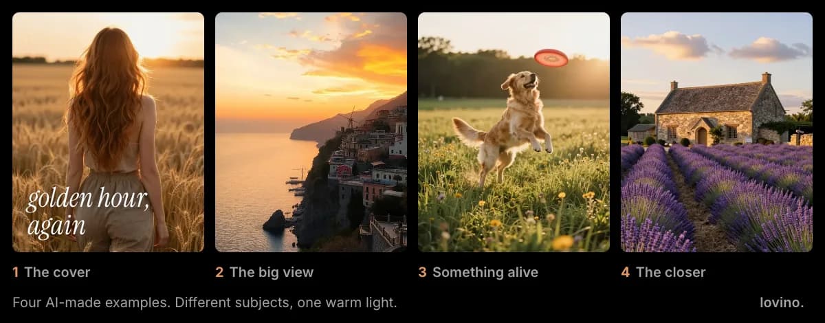 A golden hour photo dump in four AI-made slides: a woman in a wheat field captioned golden hour, again, a cliffside village at sunset, a golden retriever leaping for a frisbee, and a lavender farmhouse in evening light