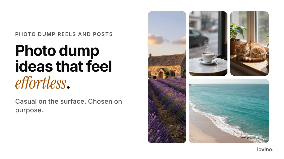 Photo dump reel ideas: a casual collage of AI-made example photos of lavender rows, a coffee cup, a sleeping cat and a turquoise cove