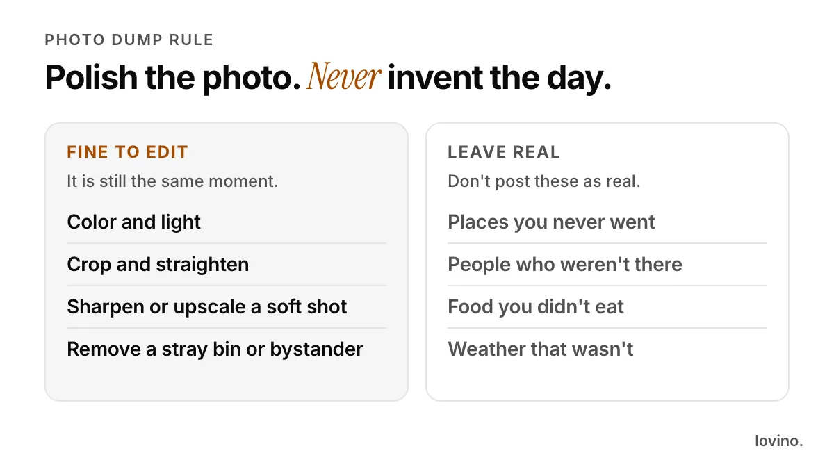 The photo dump rule: color, crop, sharpen and remove stray objects are fine edits, while invented places, people, food and weather should stay real