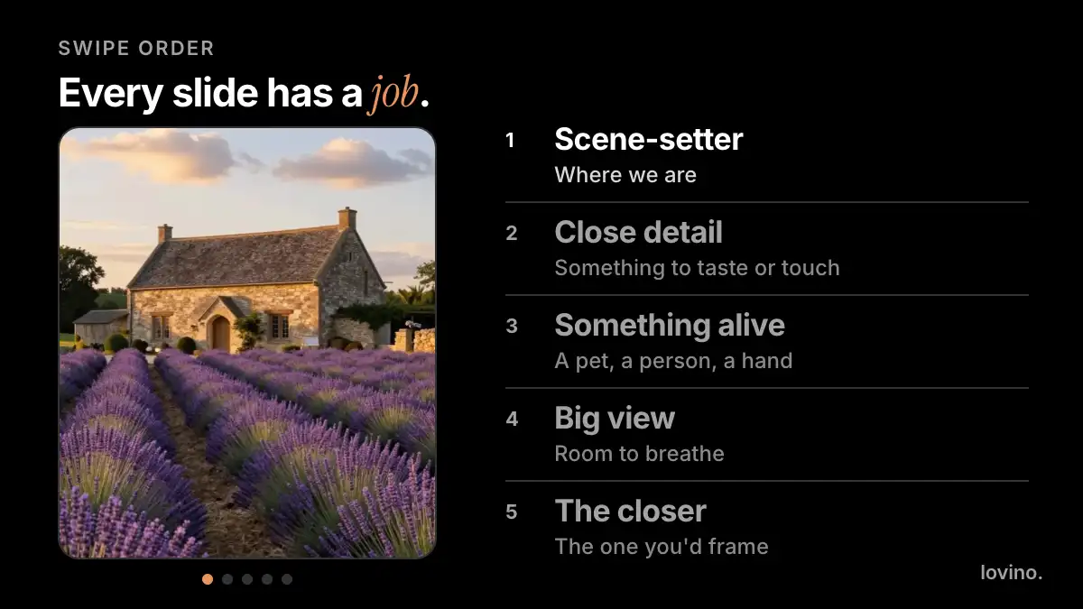 Photo dump swipe order, animated: scene-setter, close detail, something alive, big view and the closer, one job per slide