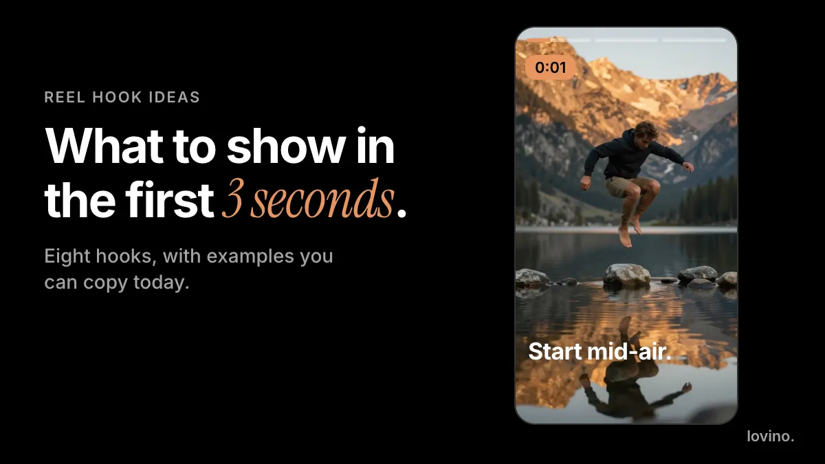 Reel hook ideas for the first 3 seconds: an AI-made mid-air jump over a mountain lake in a vertical Reel frame