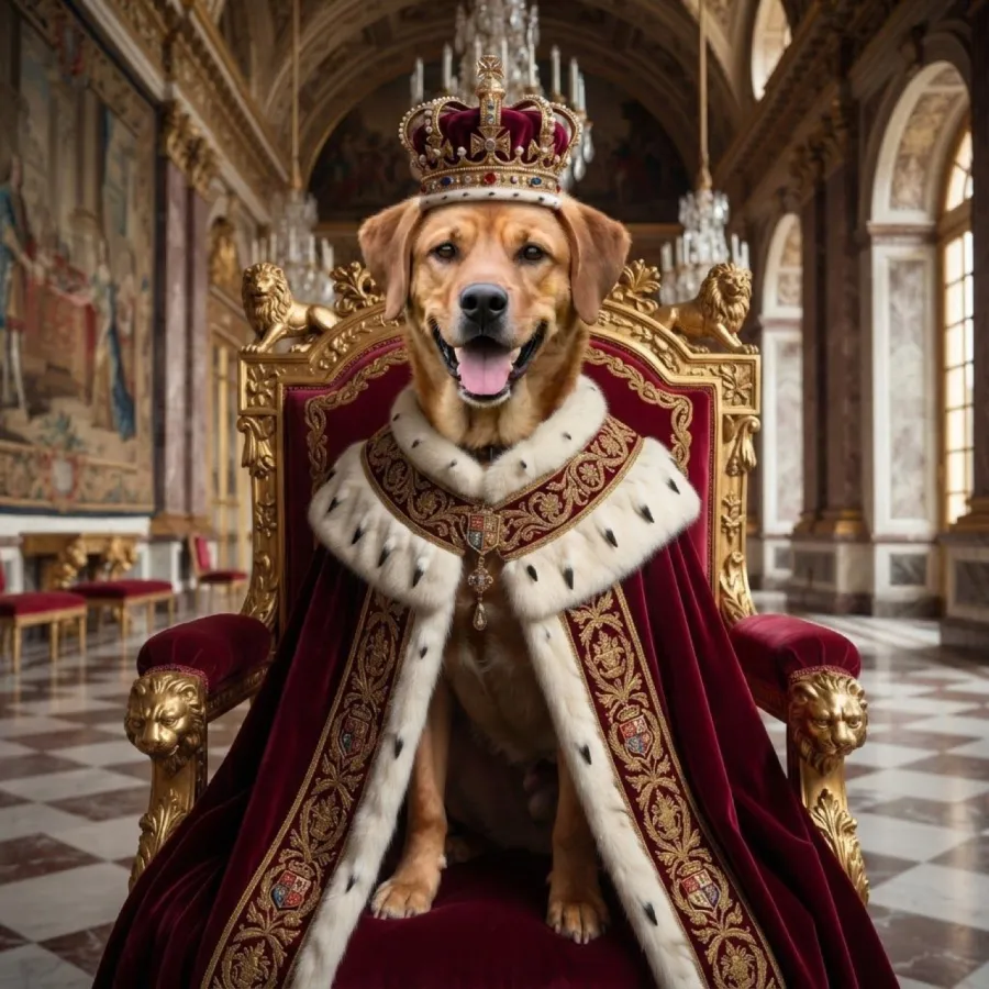Pattern interrupt hook example: an AI-made golden dog in royal robes on a throne, plainly a fantasy image and not a real photo