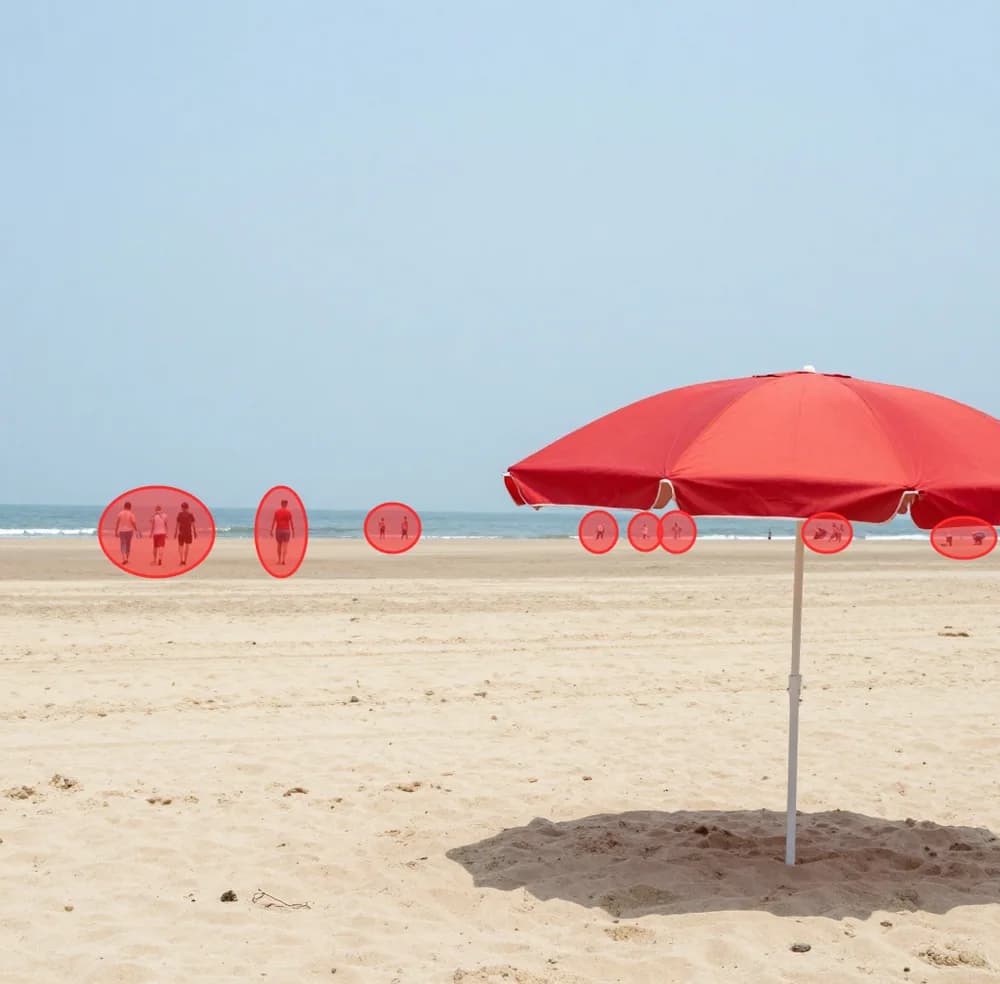 Where a Magic Eraser brush would go on the beach photo: red marks over each distant walker (drawn by hand for this article, not a tool screenshot)
