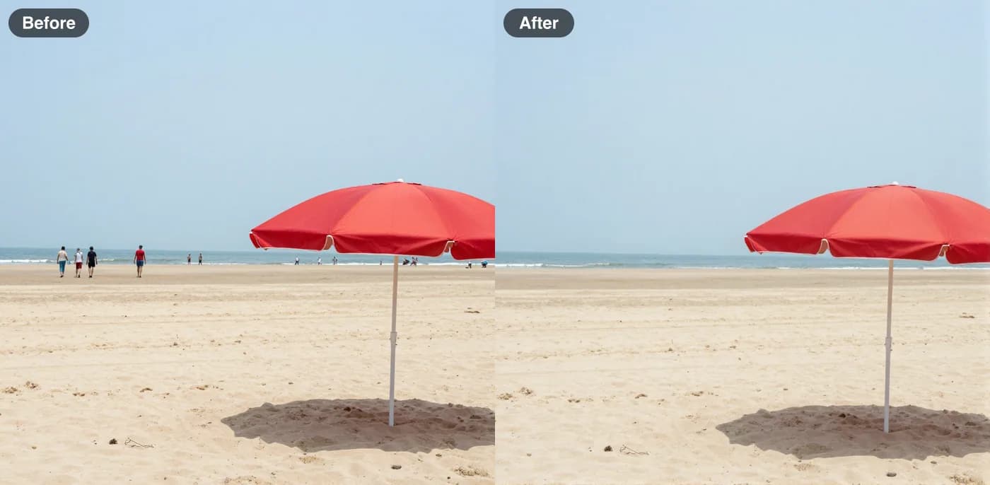 Before and after: a text instruction removed the distant people and left the umbrella, sand and sea the same (FLUX Kontext Fast)