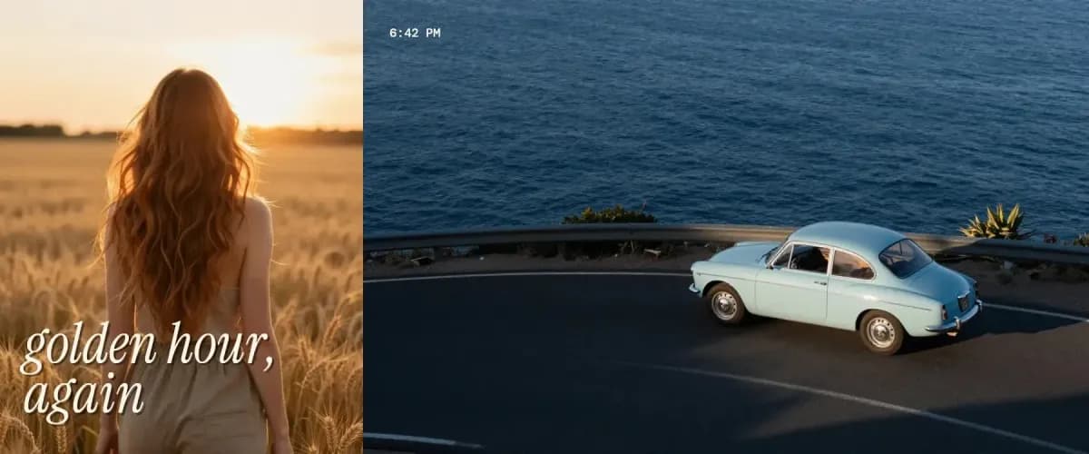 A three-slide strip: a woman in a wheat field at golden hour with the words golden hour again, then a pale-blue car on a coastal road that spans slides 2 and 3