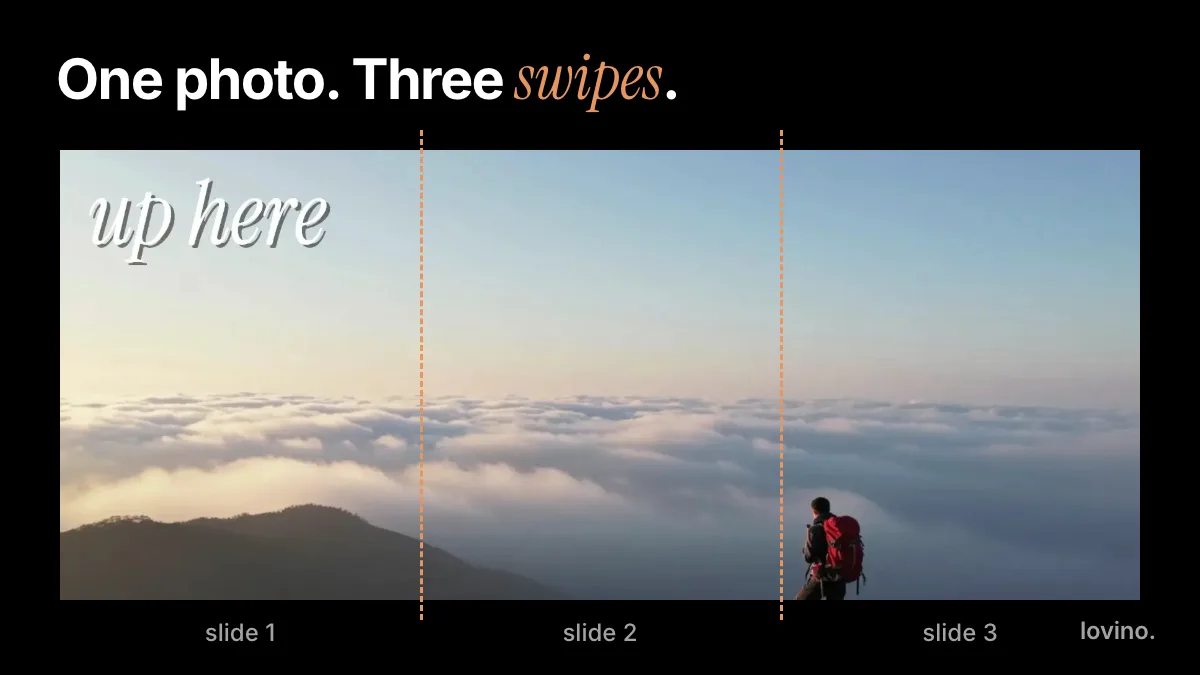 Seamless panorama carousel: one cloud-top photo split by dashed seam lines into slide 1, slide 2 and slide 3